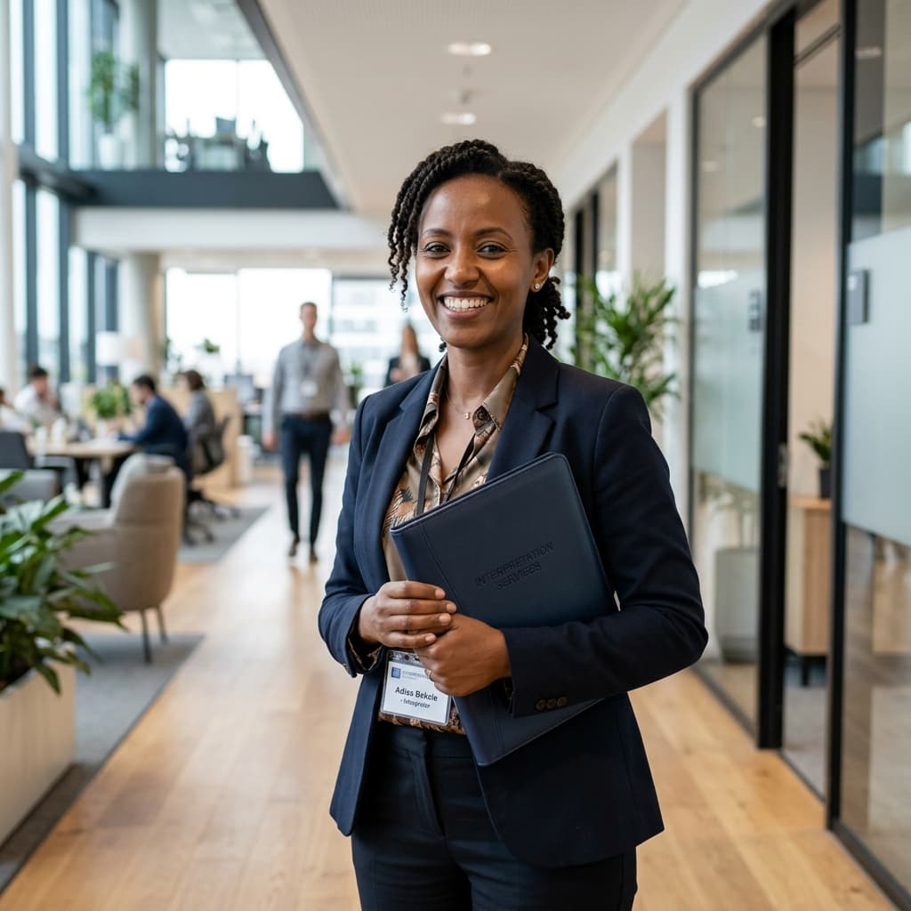 Lingora professional interpreter smiling and holding a portfolio in a bright office environment