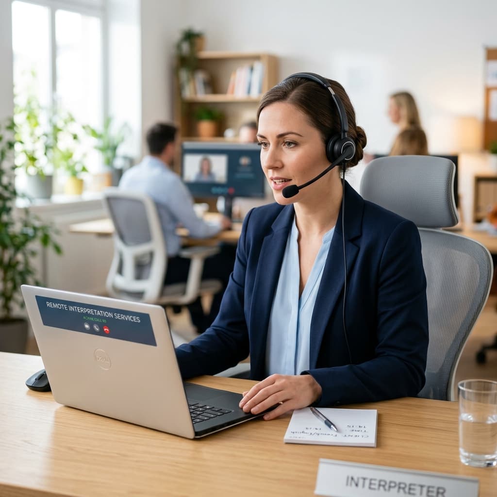 Lingora professional remote telephone interpreter with headset working in office environment