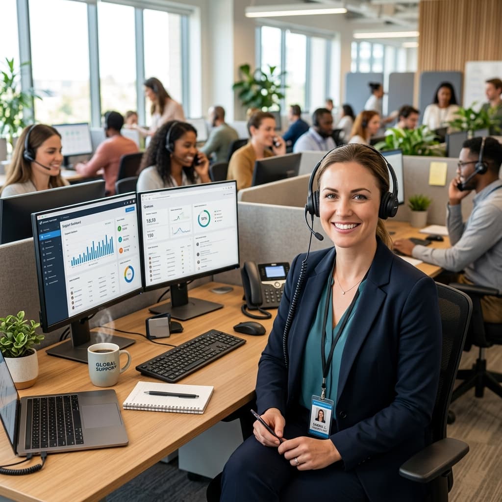 Lingora customer support coordinator wearing a headset at a desk in a bright office environment